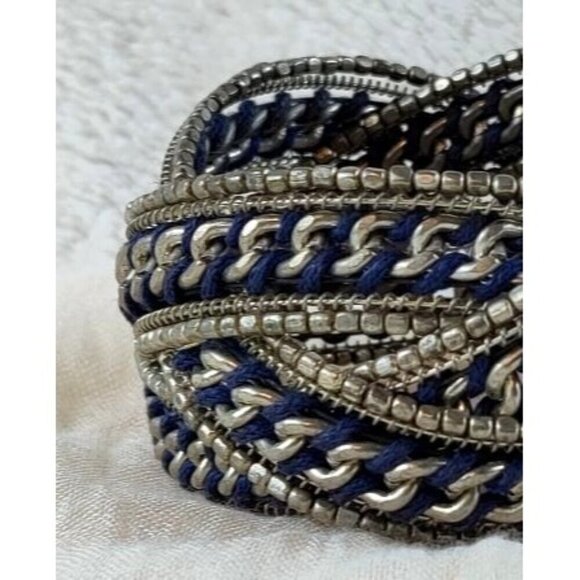 Bracelet Weave TriBand Memory Wire Blue Thread Silver Chain Beads Boho Cottage - Picture 9 of 9
